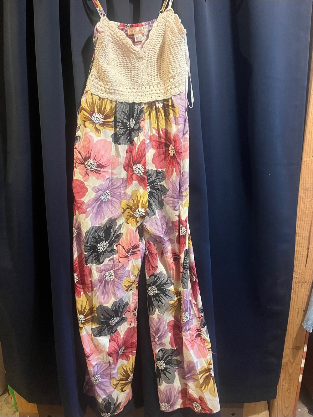 Crochet Bodice Floral Wide-Leg Jumpsuit - Cream Floral